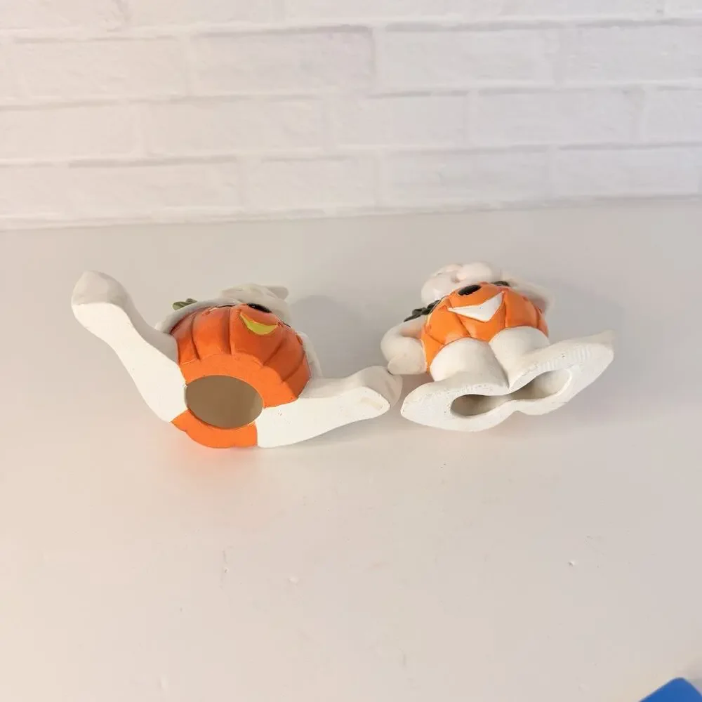 Vtg Ceramic Halloween Ghost Pumpkin Belly Figurine Anthropomorphic Set of 2